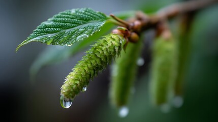 Fototapeta premium Delicate Springtime: Alder Catkin and Leaf Adorned with Refreshing Raindrops
