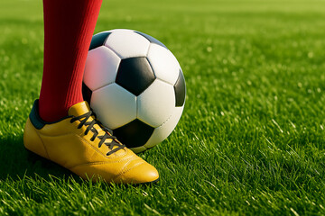Soccer ball lying on green grass field during game play