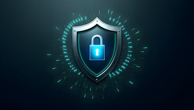 Cybersecurity concept with shield, lock, and binary code
