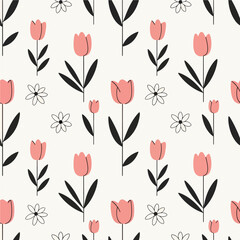 Seamless floral pattern design featuring tulips and daisies for vibrant spring textiles and backgrounds