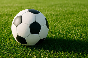 Soccer ball resting on green grass field during game play