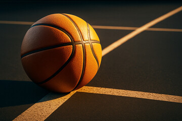 Basketball resting on court floor during game play