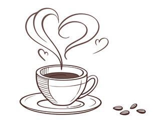 Coffee cup with heart shaped steam and coffee beans sketch illustration design