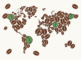 World map made of coffee beans with green coffee beans in key regions