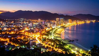 Aerial view of a vibrant coastal city at night with mountains backdrop