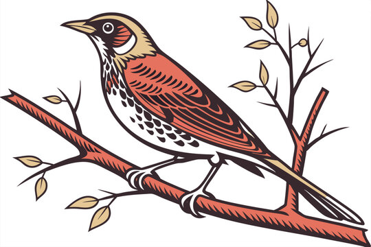 Vibrant Vector Art of a Song Thrush Perched on a Branch with Leaves