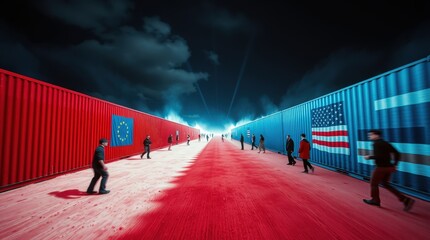 People walking amidst contrasting shipping containers representing Europe, America, and Finland during a dramatic, illuminated nighttime setting