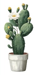Fototapeta premium Charming Vintage Cactus Illustration: Retro Houseplant Featuring Blossoms against a White Background