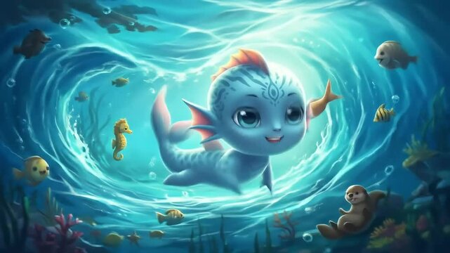 Cute Matsya Avatar Swims Glowing Blue Waves Divine Shimmer