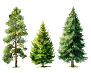 Botanical Watercolor Collection of Isolated Fir Trees. Hand-Painted Evergreen Nature Art for Summer Vibes.