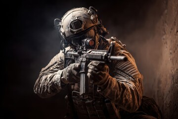 Elite Soldier in Tactical Gear Aiming with Assault Rifle Against Dark Wall