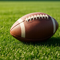 American football ball resting on green grass field during a game