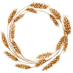 Hand-Drawn Wheat Circle: Watercolor Wreath Frame for Bakery and Card Designs on White Background