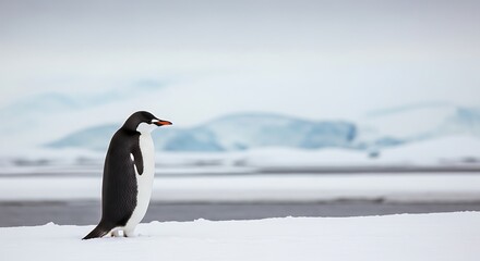 Naklejka premium A single gentoo penguin stands on a snow-covered landscape.