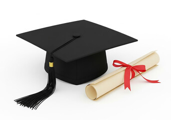 A black graduation cap with a tassel and a rolled diploma scroll with a red ribbon, symbolizing academic achievement and success, isolated on a white background.