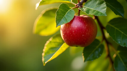 Macro Shot of Apple Hanging on Tree Surrounded by Green Leaves in Natural Daylight
