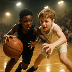 Basketball players actively playing the game while holding the ball in a competitive match
