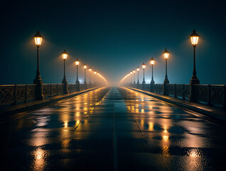 Illuminated walkway with ornate railing at night bridge