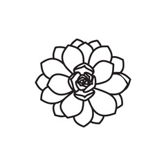 a black and white line drawing of a succulent or flowering plant with intricate, overlapping petals or leaves. The overall shape resembles a rosette or spiral pattern, creating a visually striking