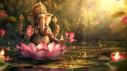 Serene God Ganesha Lotus Bloom Divine Blessing Hindu Deity Peaceful Spirituality
