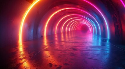 Luminous tunnel with concentric neon arches, glowing on reflective concrete floor