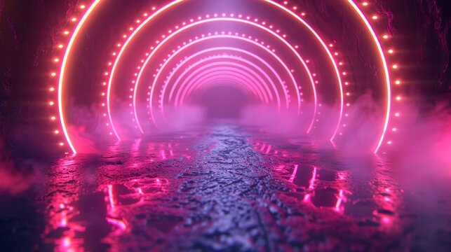 Neon pink arches lead into a foggy, dark tunnel with tire tracks