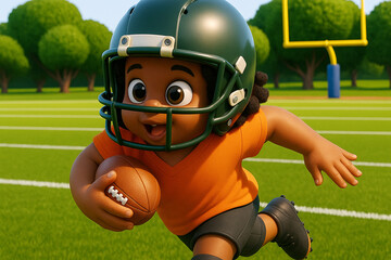 American football player in helmet running with the ball on the field during a game cartoon 3d
