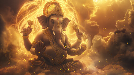 Golden God Ganesha illustration with Light Effects and Clouds background
