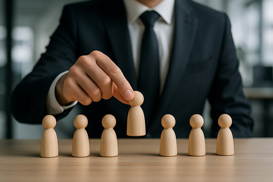 Business leader selecting wooden figurine representing leadership, recruitment, and decision-making in corporate strategy