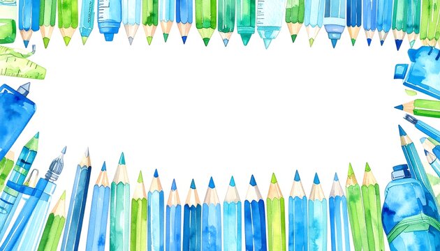 Aesthetic watercolor school supplies frame with creative pencils and pens arrangement