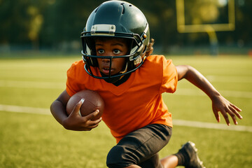 Young American football player in uniform and helmet running with the ball on the grass field during a game
