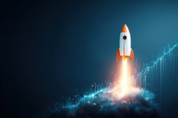 Fototapeta premium Skyrocketing Success: Business Growth Illustrated by a Rocket Ascending a Chart