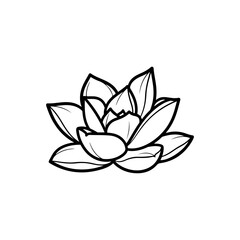 black and white line drawing of a succulent or flowering plant with intricate, overlapping petals or leaves. The overall shape resembles a rosette or spiral pattern, creating a visually striking and g