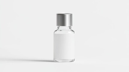 A clear glass bottle with a silver cap and a blank white label sits on a white background, subtly casting a shadow.  It's cylindrical and appears to contain a liquid or serum