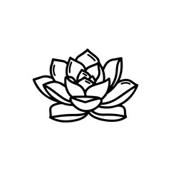 black and white line drawing of a succulent or flowering plant with intricate, overlapping petals or leaves. The overall shape resembles a rosette or spiral pattern, creating a visually striking and g