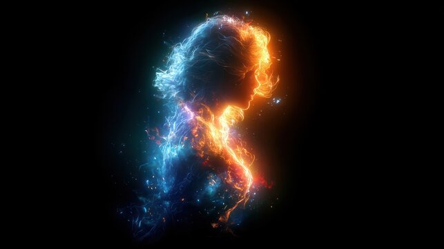 Abstract profile of a figure composed of fire and ice.