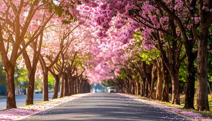 Avenue of blossoming pink trumpet trees creates a dreamy floral landscape