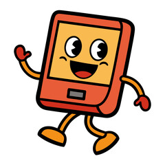 Laptop computer retro character with funny face vector icon on white background.