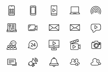 A comprehensive vector set illustrating news distribution and media consumption in elegant line art. Great for news apps, social platforms, and broadcasting companies