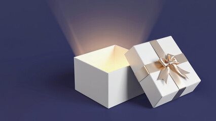 open gift box with glowing light on blue background.ai 
