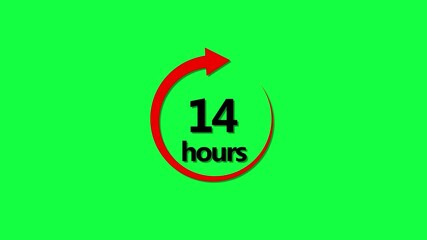 Clock 14 hours icon, isolated on green background with alpha channel.14 Hours Delivery Countdown Animation | Red  arrow  Icon Loop with green   Background.4k video 