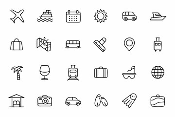Fototapeta premium A minimalist travel icon bundle showcasing various aspects of travel and tourism. Designed for web design, digital planners, and agency visuals