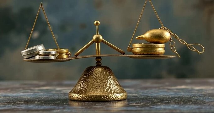 Antique balance scale with coins and a pendulum, set against a textured, blurred background