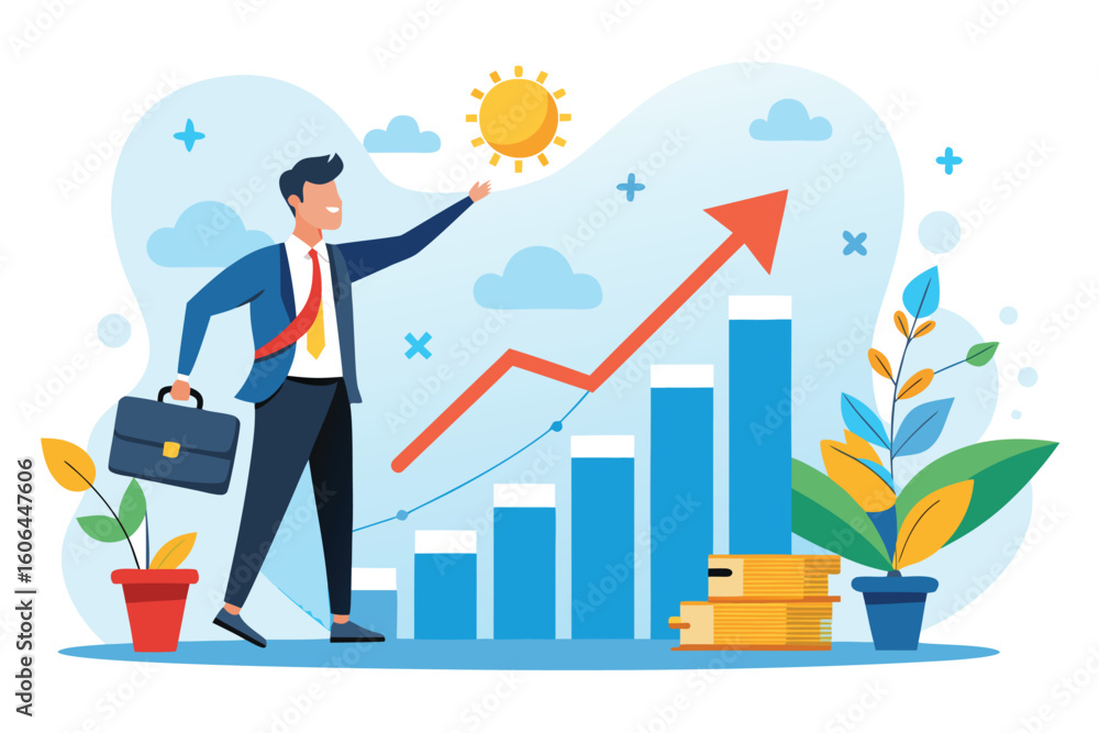 Poster vector illustration depicting a businessman reaching for success while standing next to a growing ch