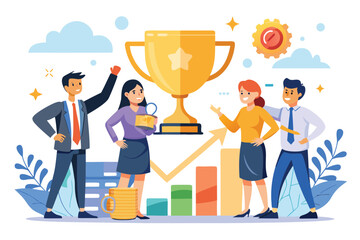 Successful business team celebrates achievement with leadership award and recognition for outstanding performance in a vibrant office environment