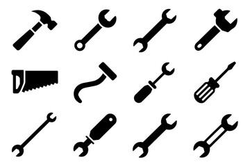 Naklejka premium Collection of black tool silhouettes isolated on white background