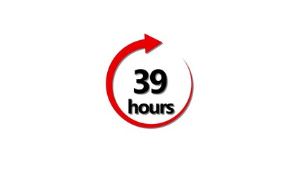 Clock 39 hours icon, isolated on white background with alpha channel.39 Hours Delivery Countdown Animation | Red  arrow  Icon Loop with white  Background.4k video 