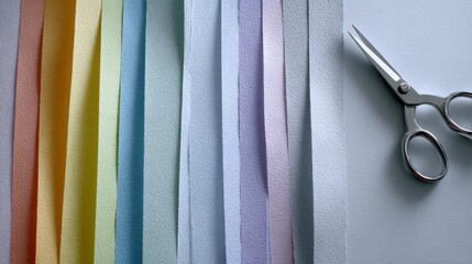 Colorful strips of textured paper arranged in a gradient pattern beside a pair of silver scissors on a clean white surface, showcasing crafting materials and tools for creative projects
