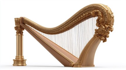 Elegant golden harp with intricate detailing against a clean white backdrop
