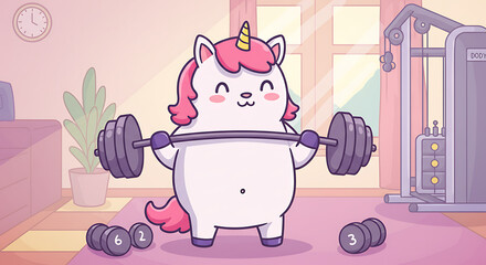 A cute and strong unicorn muscle cartoon character is lifting a barbell in a home gym. Funny fitness illustration.